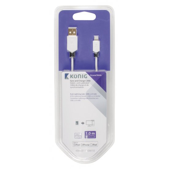 König KNM39300W10 Sync And Charge Kabel 8-pins Lightning Male - Usb 2.0 A Male 1,00 M Wit - Data/Laadkabels - König- 10.29€ bij Bobby &amp; Caro